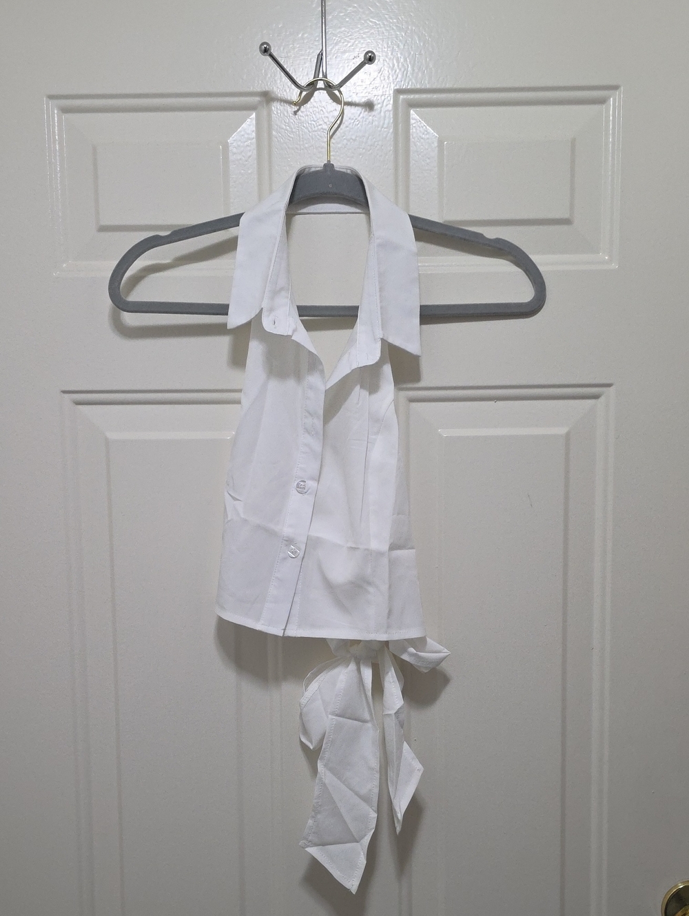 White Sleeveless Tie-Back Collared Top